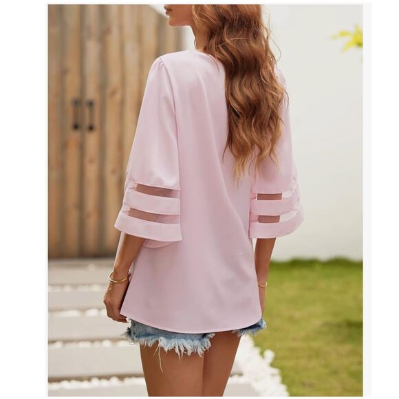 New Lantern Bell Sleeve Dusty Pink V Neck Blouse Top - Picture 5 of 12